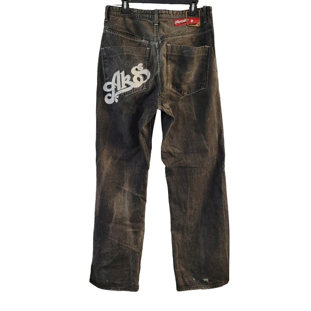 Y2K Akademiks Baggy Jeans Embroidered Logo Grey Mud Wash Mens 34 Skater Hip Hop